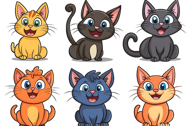 Photo six cartoon cats with colorful details and happy expressions