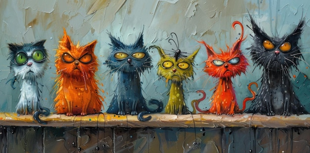 Six Cats Standing in a Row a Colorful and Whimsical Painting