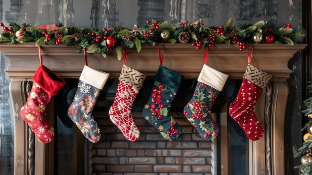 Photo six colorful christmas stockings hang on decorated mantle above fireplace