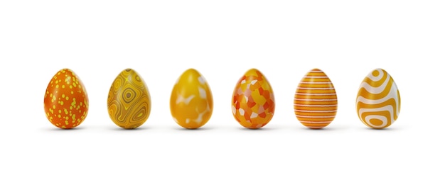 Six colorful eggs with different ornaments in line on white background