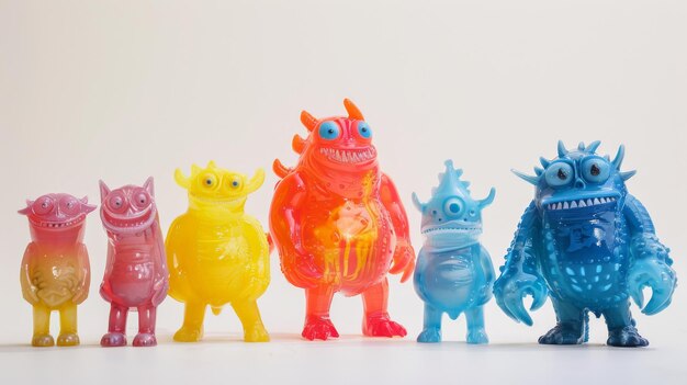 Six colorful monster figurines in a row