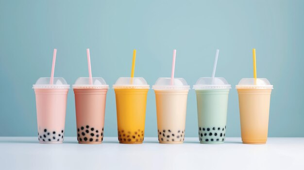 Photo six colorful plastic cups with dome lids and straws containing various flavors of bubble tea on a light blue background