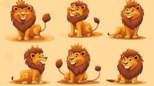 Photo six cute cartoon lions wearing crowns in different poses