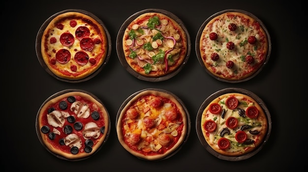 Six delicious pizzas on top of baking pans