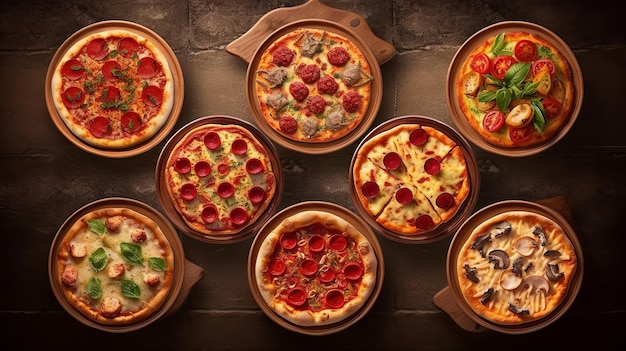 Six delicious pizzas on top of baking pans