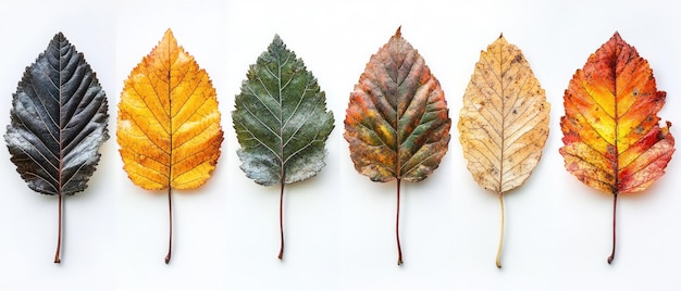 Six Dried Leaves Arranged in a Row Showing Different Stages of Decay