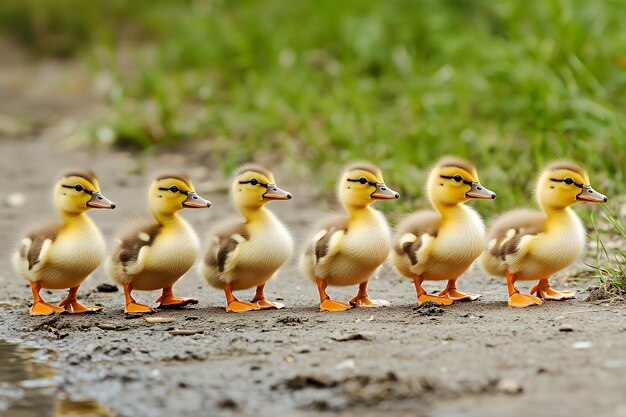 Photo six ducklings walking on the ground looking at the camera one of them is in the front