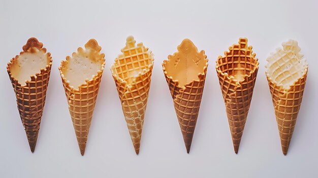 Photo six empty ice cream cones in a row on a white background