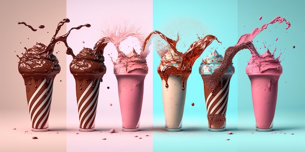 Six Extreme milkshakes with chocolate cookies and sweets