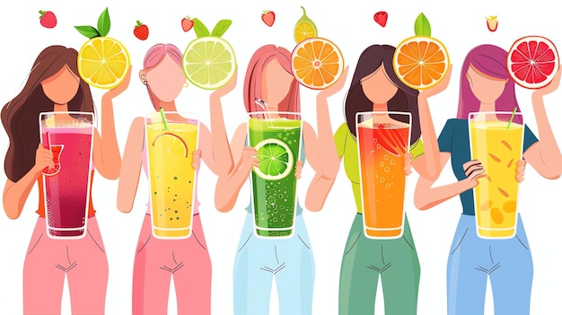 Photo six girls hold large glasses of colorful fruit juices each girl has a fruit in front of her face