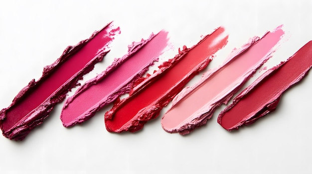 Photo six lipstick swatches in pink and red shades on white background