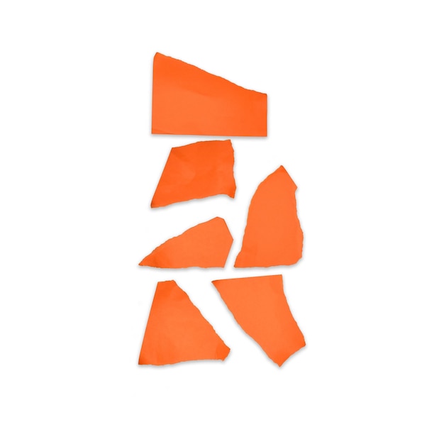 Six orange torn scraps of paper of different shapes on a white background with a shadow