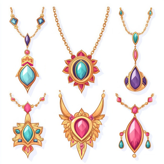 Six ornate necklaces with gemstones and gold settings isolated on a white background