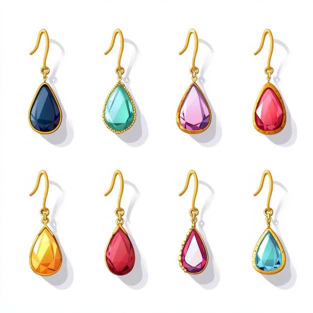 Photo six pairs of colorful gemstone earrings with gold hooks on a white background