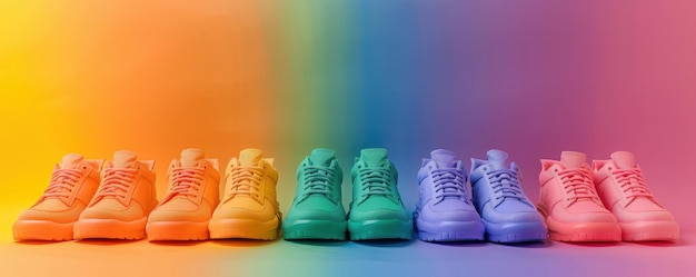 Photo six pairs of colorful shoes lined up against a rainbow background in the style of the new fauves