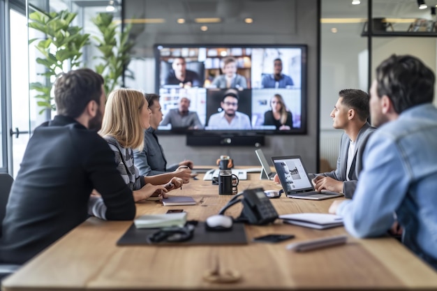 Photo six people sitting on a wooden table in the conference room for video conference close closeup 80mm