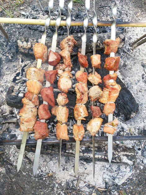 Six skewers with meat are fried on a fire in the forest