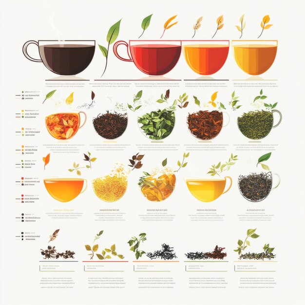 Photo six types of tea black green white rooibos yellow and oolong