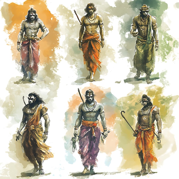 Photo six watercolor illustrations of hanuman the hindu god of strength and devotion