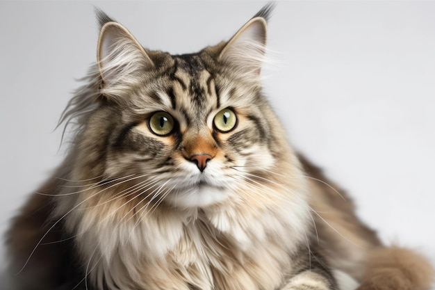 Six year old Siberian cat in a photo studio with a cat playing in the background