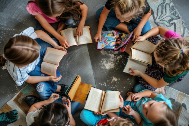 Photo six young children sit in a circle on a floor each holding a book and engrossed in reading children sitting in a circle reading books together