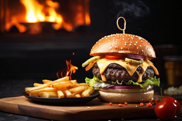 Sizzle and delight Feast your eyes on a mouthwatering burger crispy fries and fiery vibes