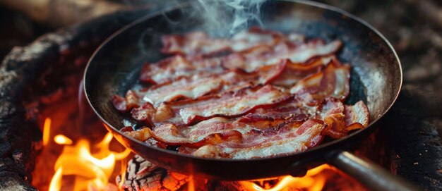 Sizzling bacon strips in a pan over an open fire the quintessence of outdoor cooking stir the appetite with smoky aromas