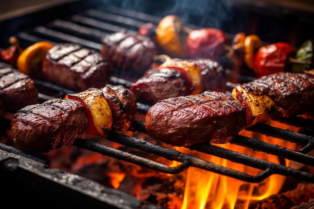 Sizzling bbq delight closeup meat on the grill in a backyard party