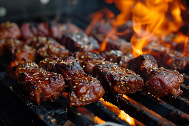 Sizzling bbq skewers over flaming grill