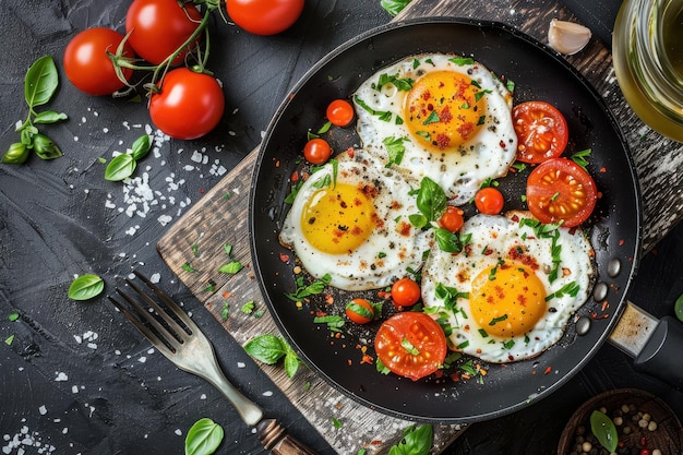 Photo sizzling breakfast of freshly cracked eggs with cherry tomatoes and herbs in a rustic kitchen