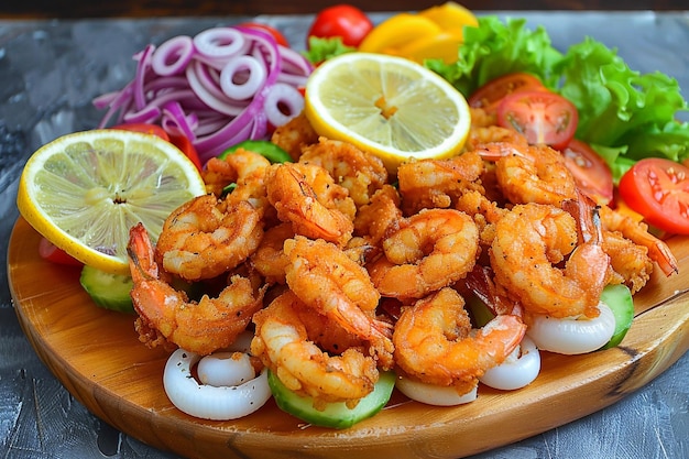 Sizzling Deep Fried Seafood Platter Shrimps Squid and Freshly Harvested Vegetables