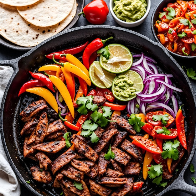 Sizzling Fajitas Cast iron skillet with peppers onions amp tortillas Fiesta in a pan