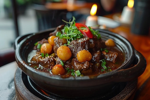 Sizzling Hot Beef Stew with Zesty Red Chili Pepper Broth and Juicy Cow Meat