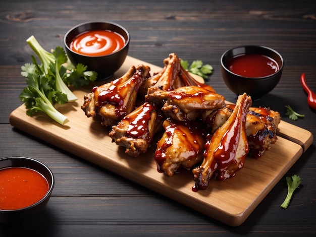 Sizzling Perfection Grilled Chicken Wings with Barbecue Sauce on Wooden Platter