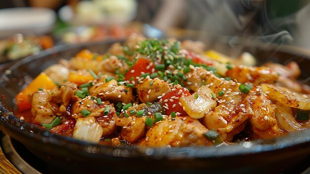 Photo a sizzling plate of halal dak galbi spicy stirfried chicken with vegetables