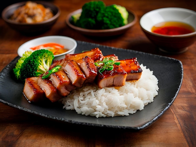 Photo a sizzling plate of streaky pork belly perfectly crispy served with a side of steamed rice