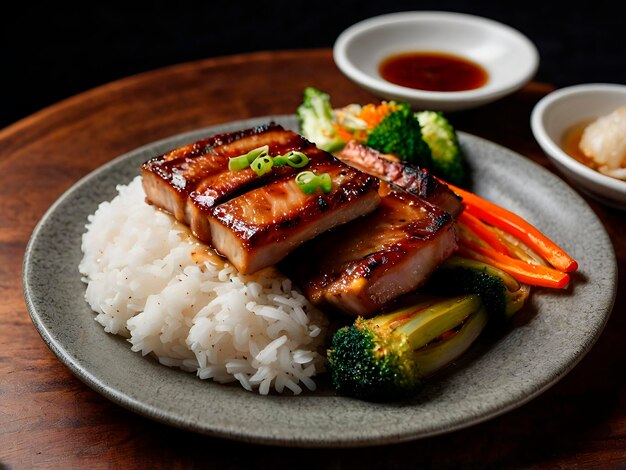 Photo a sizzling plate of streaky pork belly perfectly crispy served with a side of steamed rice