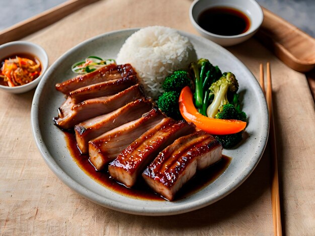 Photo a sizzling plate of streaky pork belly perfectly crispy served with a side of steamed rice