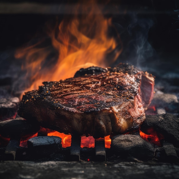 A sizzling steak on a smoky barbecue with red coals generative ai