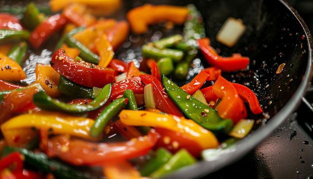 Photo sizzling stirfried vegetables in the pan for a delicious and nutritious meal packed with fresh