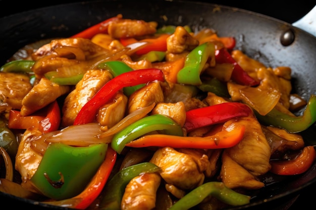 Sizzling Szechuan chicken stir fry with red and green bell peppers onions