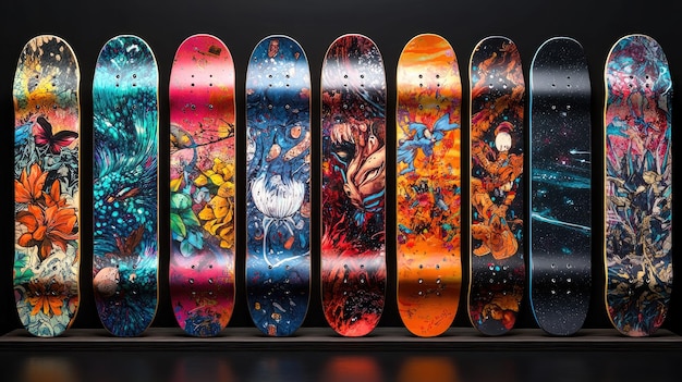 Photo skateboard collection displaying modern artistic designs and vibrant colors