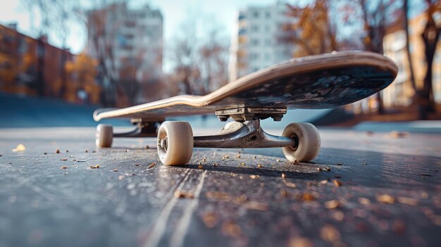 A skateboard on a concrete skatepark surface The urban setting on the background Close up image