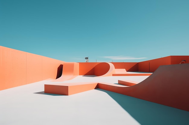 A skateboard park with a blue sky in the background.