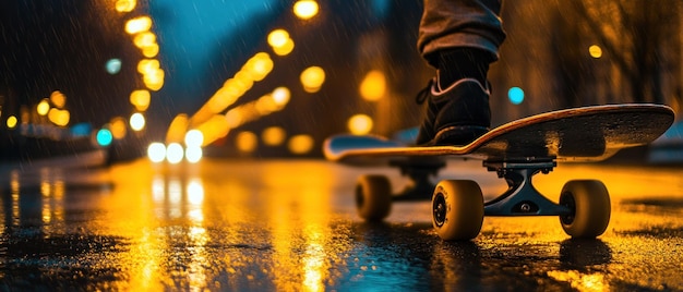 Photo skateboard rolling through wet city streets at night