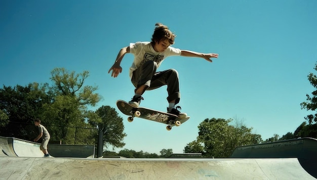 a skateboarder is doing a trick in the air with his arms out to the side