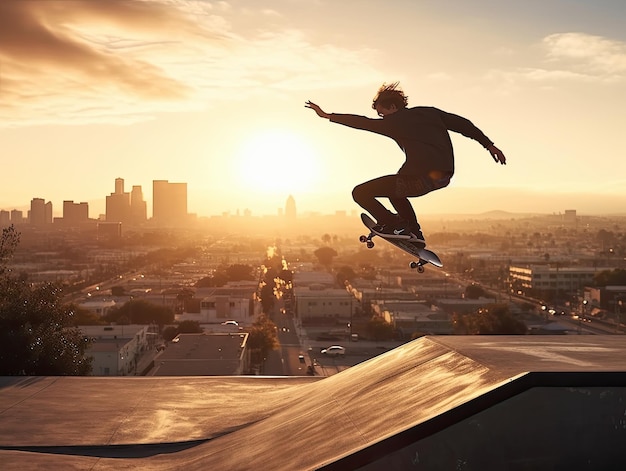 A skateboarder is doing a trick on a ramp in a city.