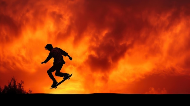 A skateboarder is silhouetted against a fiery sky with the sun setting behind him.