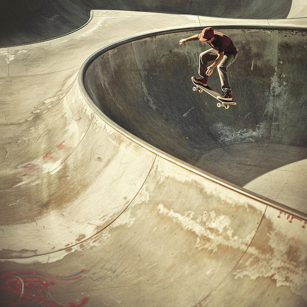 Photo skateboarder mastering a bowl in a thrilling skate park