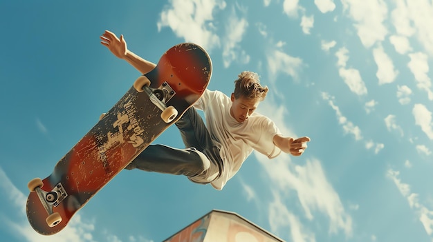 Photo a skateboarder performs a trick in midair against a bright blue sky with white clouds